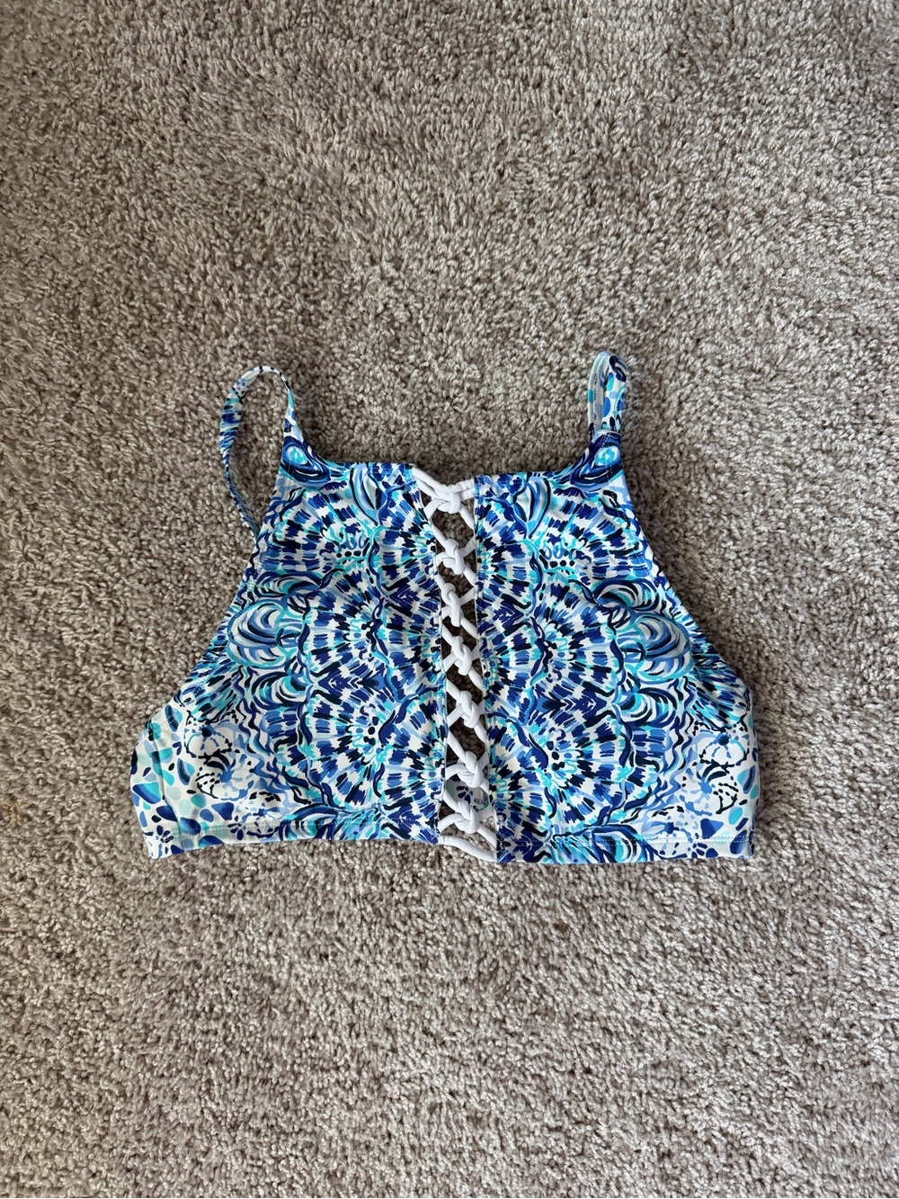 Lilly Pulitzer Blue & White Lace-Up High Neck Bikini Top
